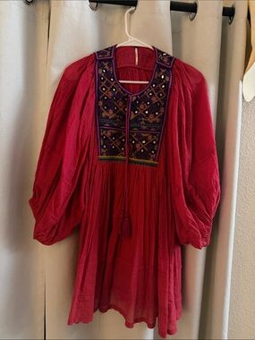 Free People Red Midi Dress with Embroidered Navy & Purple Yoke